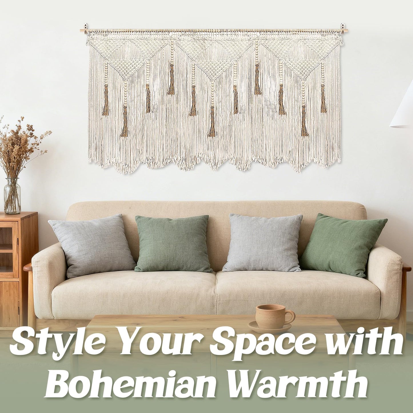 Extra Large Macrame Wall Hanging 70.8" × 39" Boho Tapestry Woven Decor- Cotton Tassel Curtain Beige Chic Bohemian Wall Art for Home Living Room Bedroom Dorm Wedding (Includes Rod)