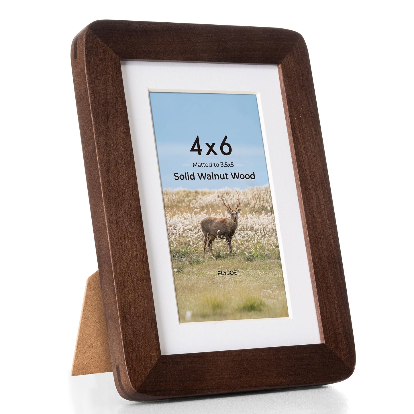 FLYJOE 4x6 Picture Frame - Solid Walnut Wood Frame 4x6 with Mat for 3.5x5, 4''x6''Photo Frame,Tabletop and Wall Display, Hanging Hardware Included, 4 By 6 Picture Frame Wood, Natural Walnut
