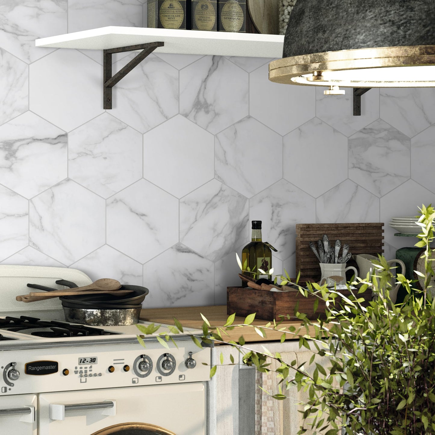 INNO STICKERS 45-Sheet Hexagon Peel and Stick Backsplash, 6" x 7" White Calacatta Marble Looks Self Adhesive Wall Tile, Stone Composite Stick on Decorative Mosaic Tile for Kitchen Bathroom Fireplace