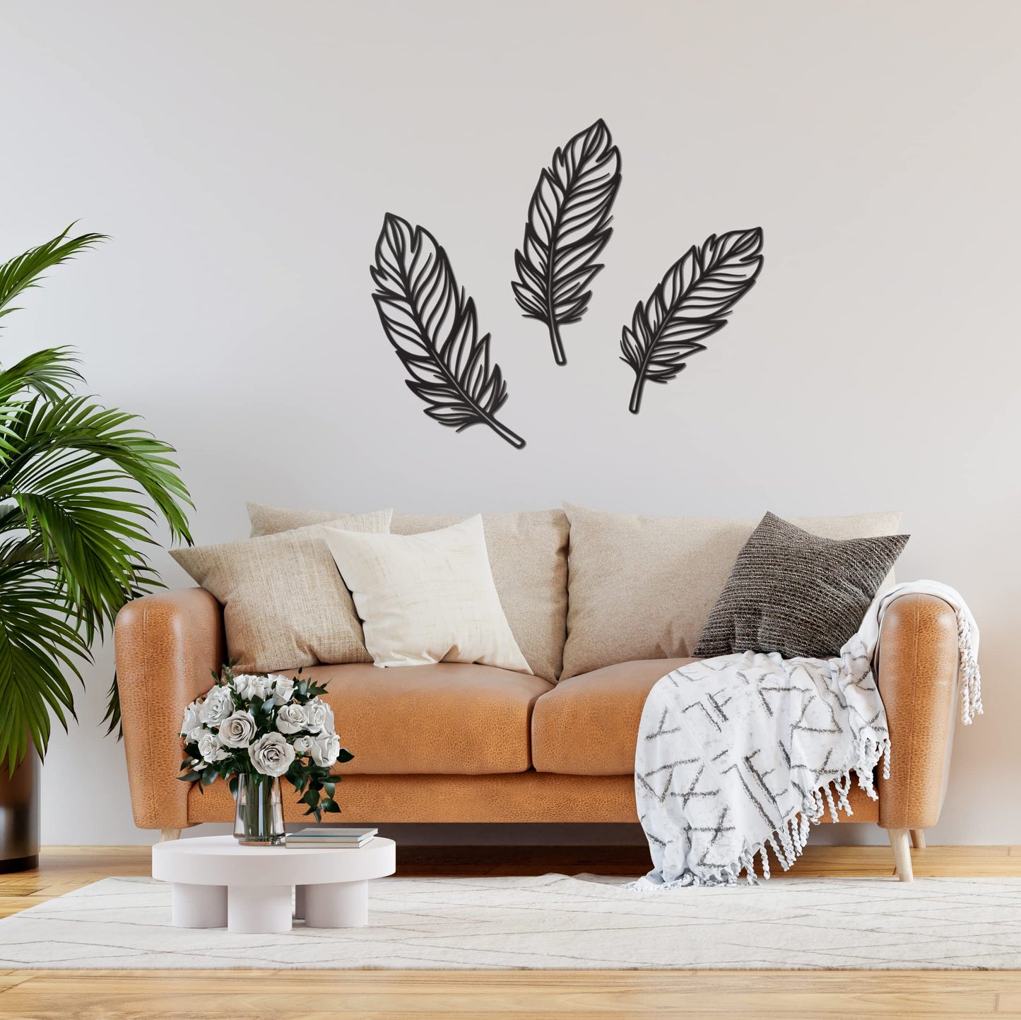 Vivegate 3 PCS Metal Feather Sign Metal Wall Decor - 17"X17" 3 PCS Black Modern Beautiful Boho Feathers Farmhouse Metal Wall Signs for Hanging Any Room Wall Art Decor