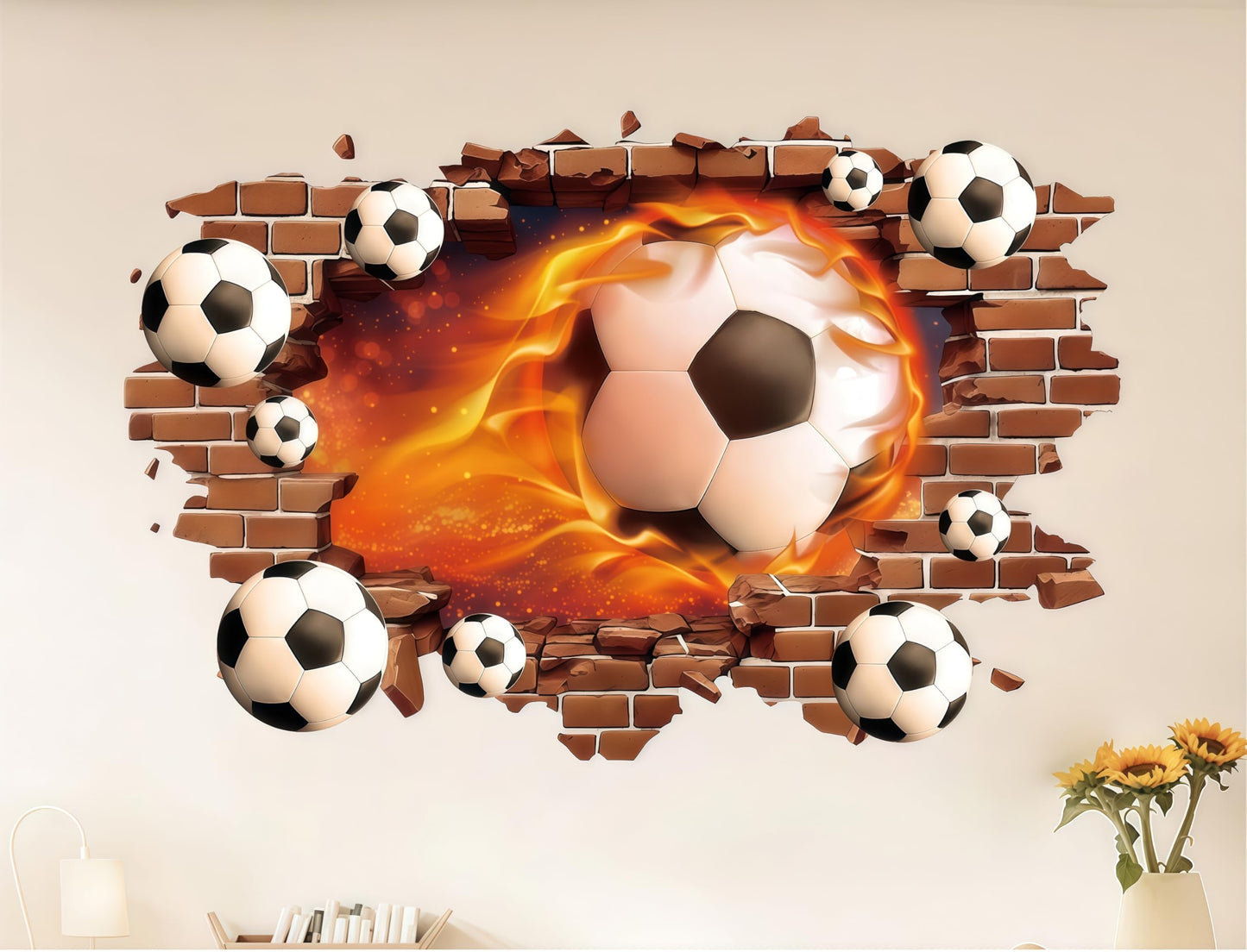 Soccer Wall Decals, 3D Breakthrough Football Wall Stickers, World Cup 2026 Decor, Removable PVC Wall Art, Bedroom Living Room Game Room, Sports Fans Party Supplies (Fire Multi Ball Soccer Wall Decal)