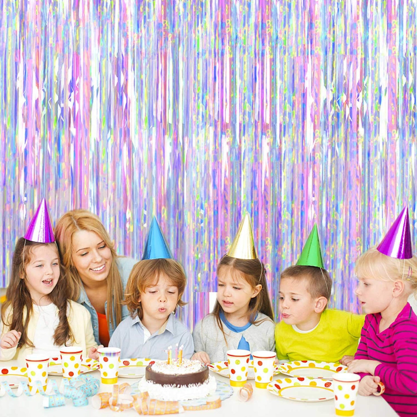 FECEDY 2pcs 3ft x 8.3ft Shiny Corlorful Metallic Tinsel Foil Fringe Curtains Photo Booth Props for Engagement Bridal Shower Bachelorette Baby Shower Bachelorette Holiday Celebration Party Decorations