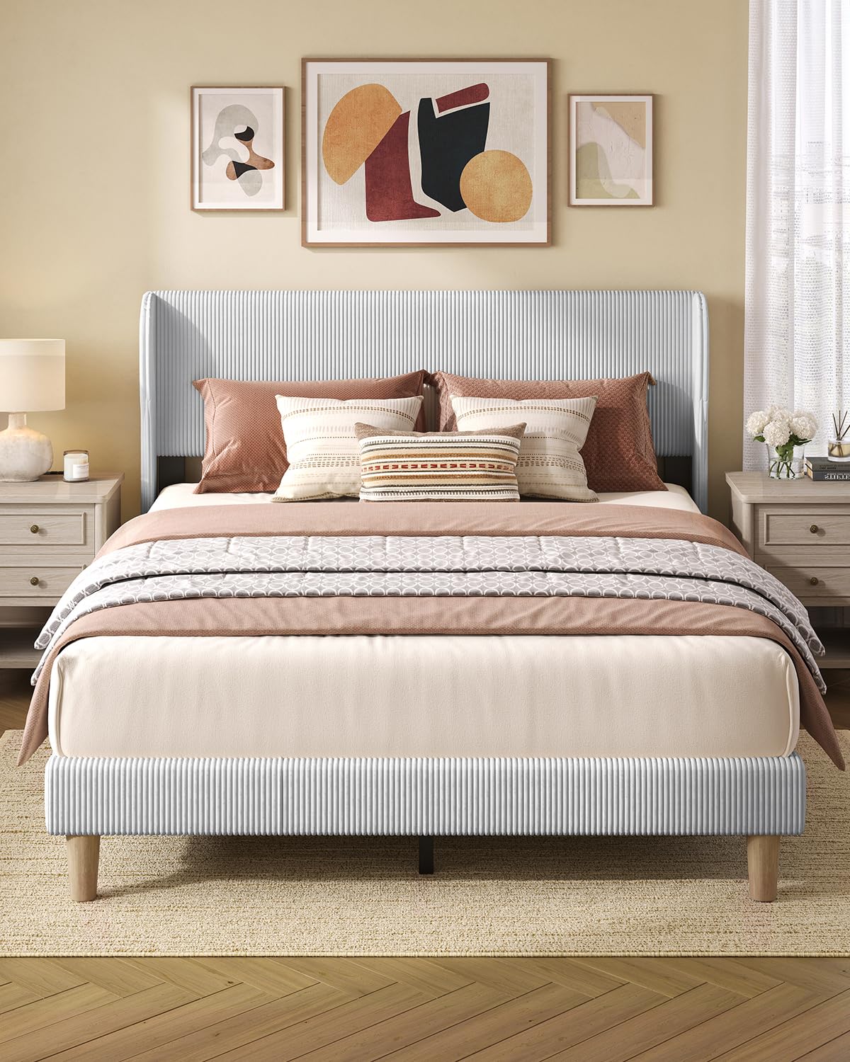 Bestier Queen Bed Frame with Wingback Headboard,Upholstered Platform Queen Size Bed with Strong Wooden Slats,No Box Spring Needed,Never Squeaks,Easy Assembly,Light Grey
