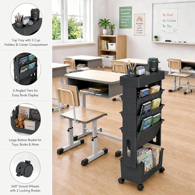 5-Tier Rolling Bookshelf, Book Storage Organization with Wheels Mobile Bookshelves Cart for Home Office Kids' Study Room School, Black