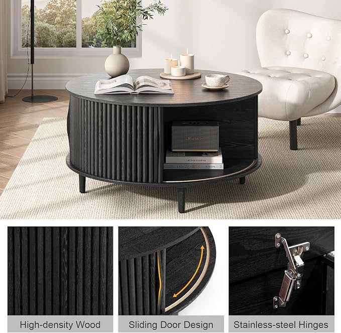 JOINICE,Black Round Coffee Table with Storage, 31.5" Fluted Center Table with Sliding Door, Modern Circle Drum Accent Table for Living Room, Sleek Wood Furniture for Small Spaces & Apartments