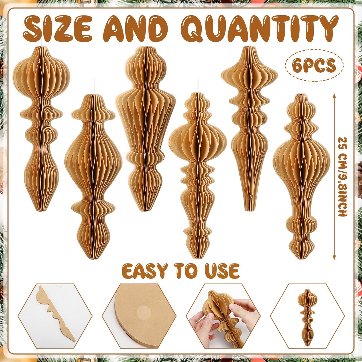 Watersay 6 Pcs 10" Large Hanging Honeycomb Finial Ornaments 3D Paper Christmas Tree Ornaments Decorative Lantern Honeycomb Decorations for Holiday Winter Xmas Party Wonderland(Brown)