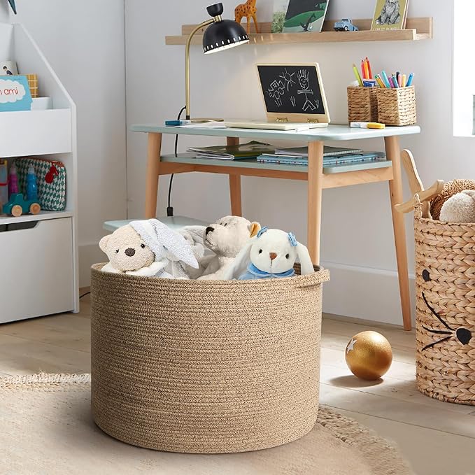 MEGASKET Large Wicker Storage Basket, 22” X 22” X 14” Woven Cotton Rope Basket, Kids Dog Toy Bin Organizer, Blanket Pillow Holder for Living Room, Brown Variegated Wicker Baskets for Organizing