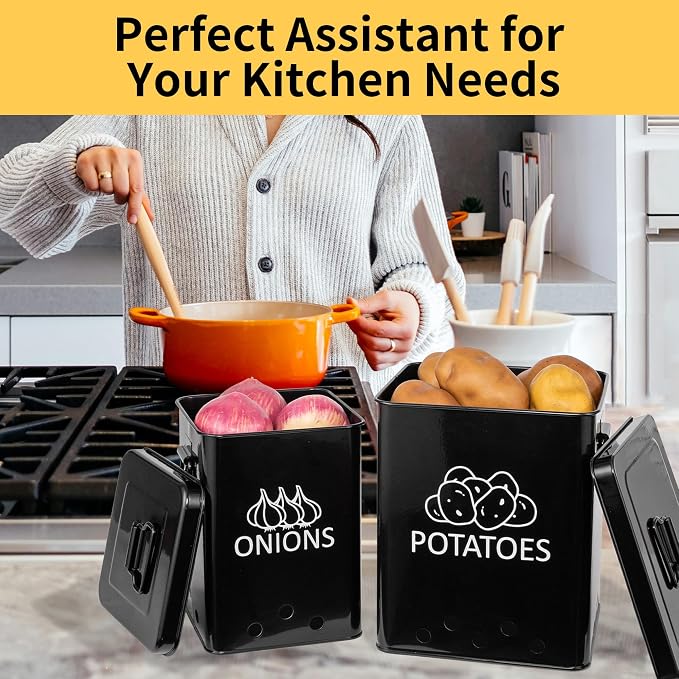 Potato and Onion Storage Bin, Set of 2 Vegetable Storage Tins with Metal Lids & Side Handles, Dual-row Ventilation Holes, Farmhouse Metal Kitchen Canisters Sets, Black