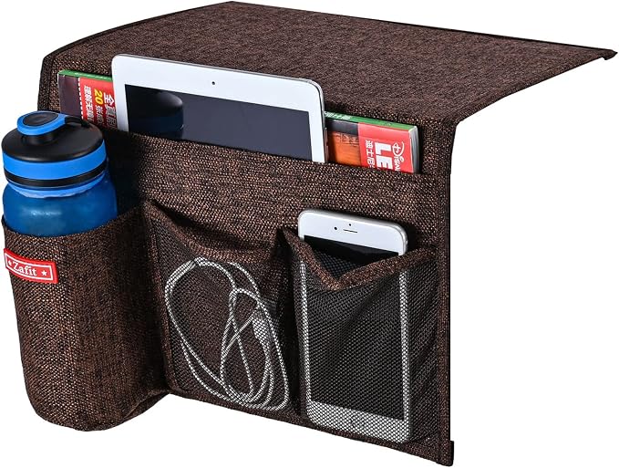Zafit Linen 4 Pockets Bedside Caddy, Bedside Storage Organizer for Magazine, Remotes, Phone (Coffee)