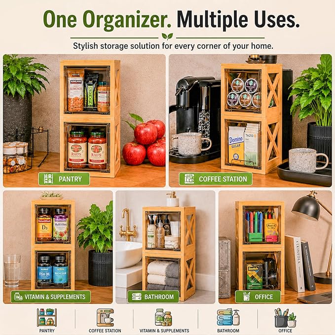 Stackable Bamboo Snack Drawer Organizer (2 Pack) – Pull-Out Storage Bins with Clear Acrylic Drawers – Pantry Storage for Snacks, Coffee Pods, Spices & K-Cups