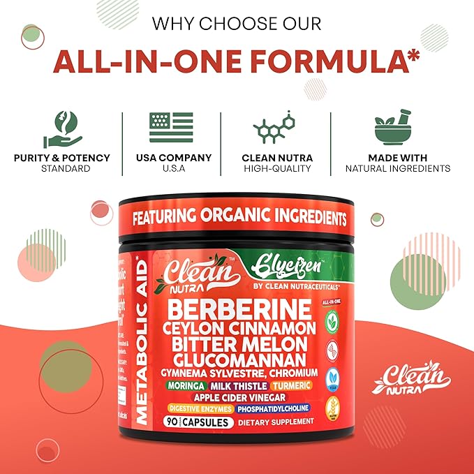 Clean Nutra Berberine and Ceylon Cinnamon Supplement Bitter Melon Glucomannan Gymnema Sylvestre Chromium Moringa Milk Thistle Turmeric Apple Cider Vinegar Digestive Enzymes Inositol Pills 90 Capsules