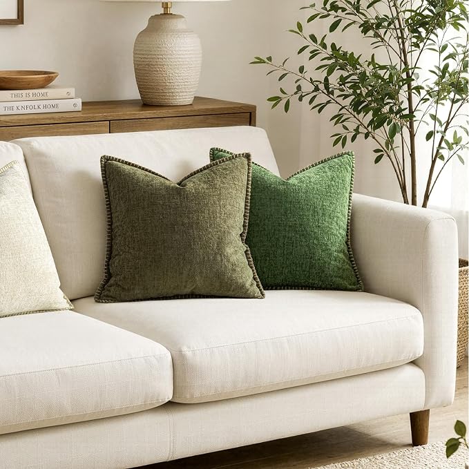 MIULEE Pack of 2 Couch Throw Pillow Covers 16x16 Inch Olive Green Farmhouse Decorative Pillow Covers with Stitched Edge Soft Chenille Solid Dyed Pillow Covers for Sofa Bed Living Room