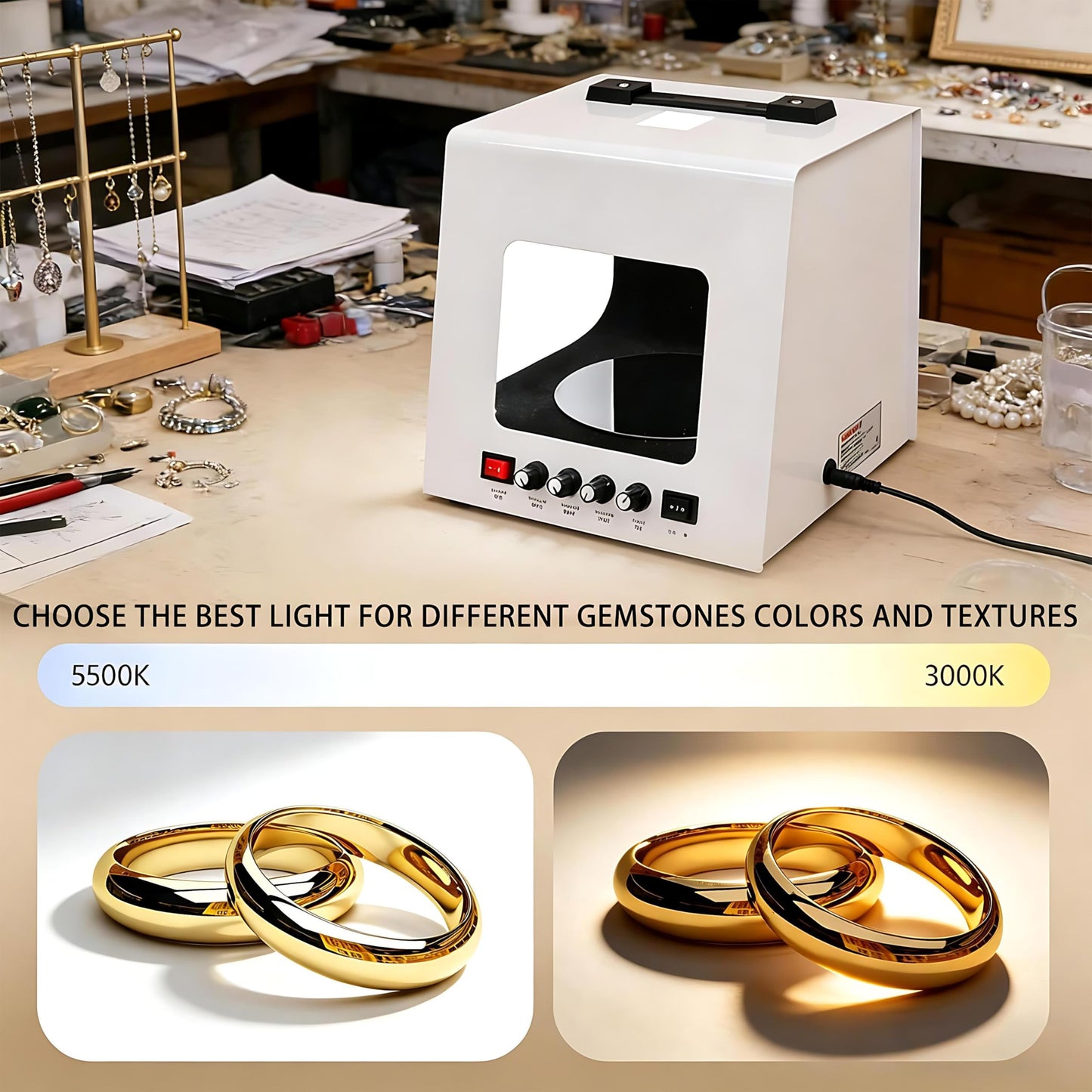 QIUNAOZI Jewelry Hanging Photography Kit, Pro Jewelry Photography Light Box Kit, Turntable Diameter 11/15cm, 4pcs Fill Lights, with 360° Electric Rotating Feature, for Jewelry, Small Items White-TB30