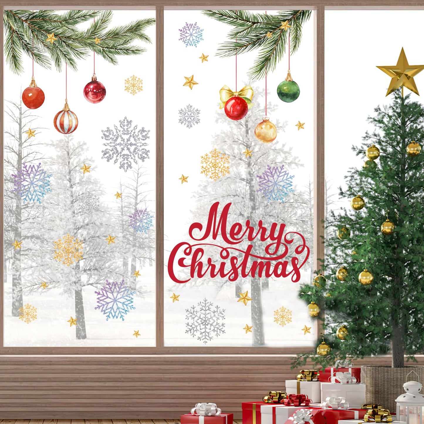 MEHOFOND Christmas Window Clings Stickers, 8 Sheets Xmas Balls Branches Snowflake Christmas Decorations, Xmas Window Decals Stickers for Home Shop Glass Windows, Winter Holiday Display Decor