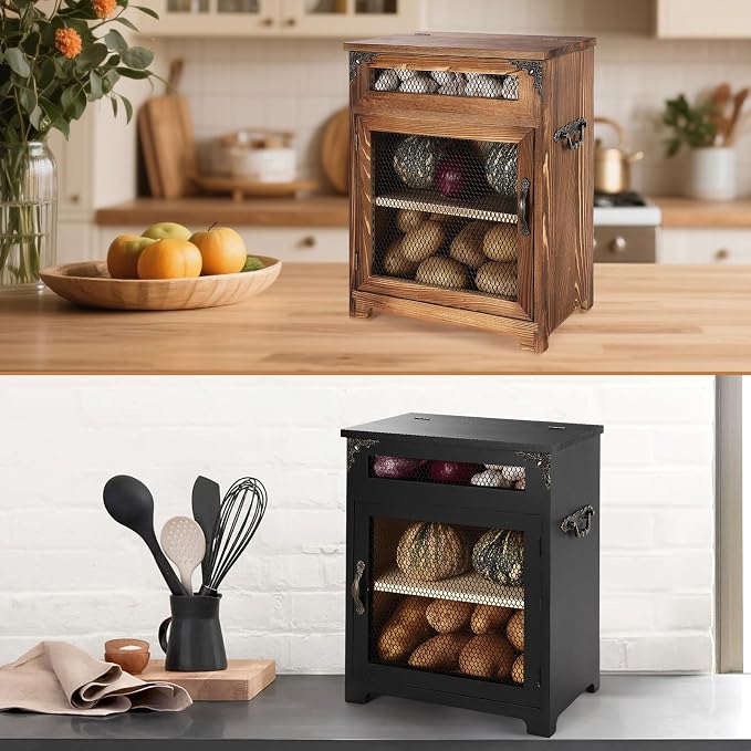 Mini Potato and Onion Storage Bin - Wooden Storage Box for Kitchen Countertops, Vegetable Storage Bins, 12.2" W x 6.5" D x 16" H (Black)