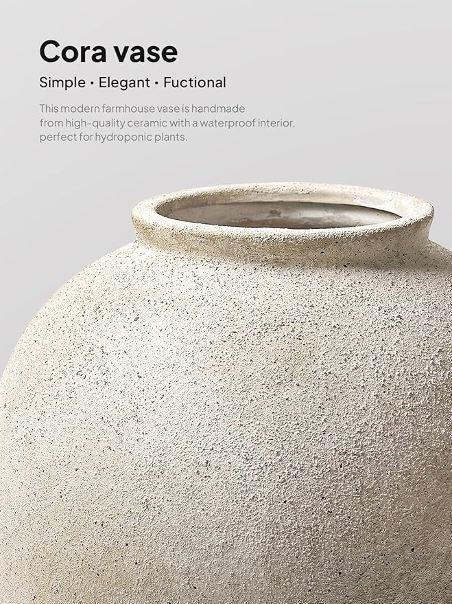 Large White Ceramic Vase - 9.8 Inch Rustic Farmhouse Flower Vase for Home Decor, Minimalist Tall Vases for Living Room, Table, Bathroom, Holiday & Weddings (Sandstone Yellow)