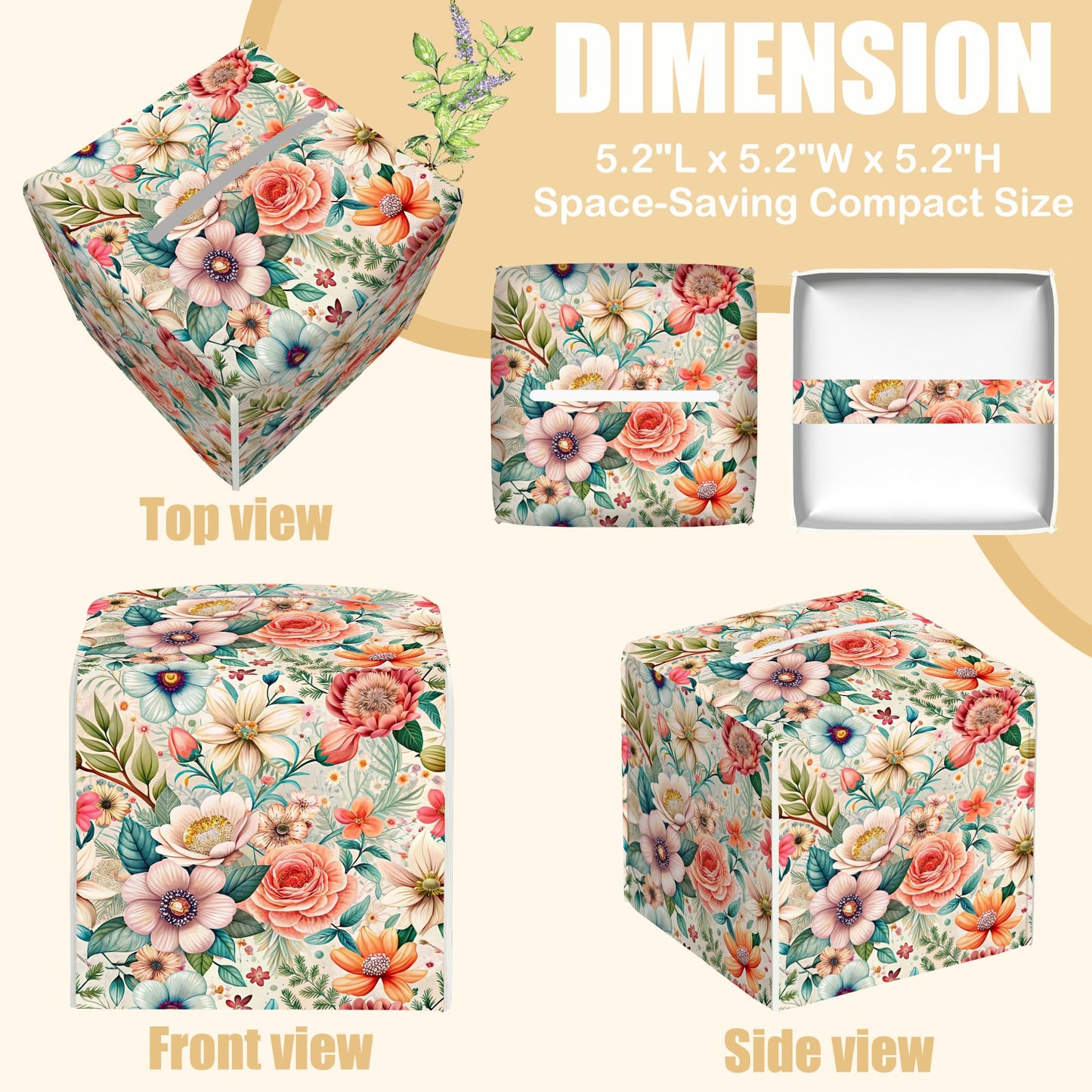 Leather Tissue Box Holder Colorful Floral Tissue Box Cover Facial Paper Case Organizer Cube Napkin Dispenser for Bathroom Vanity Countertop Night Stand Office Car