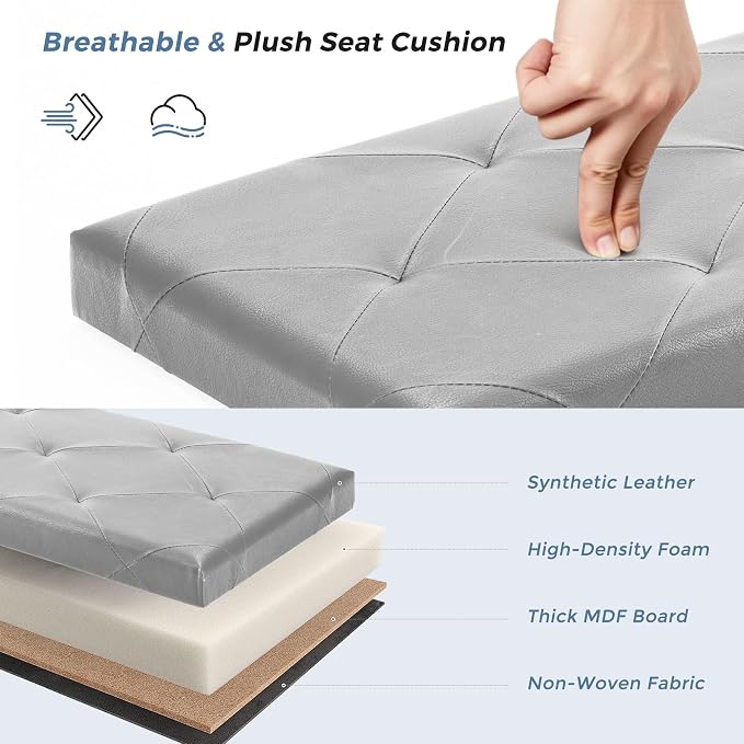 DUMOS 30 Inches Folding Ottoman with Storage Bench, Foot Rest Stool, End of Bed Storage Bench Upholstered, Load 660 lbs, for Living Room, Lychee Grain Leather, Grey