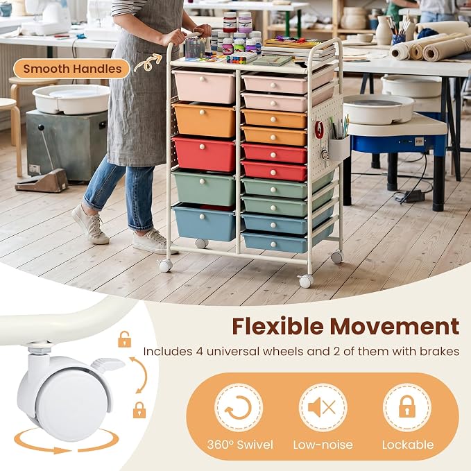 Giantex 15 Drawer Storage Cart, Rolling Craft Cart with Metal Tabletop & Pegboard, Mobile Utility Organizer Trolley with Locking Wheels, Home Office, Macaron Multicolor