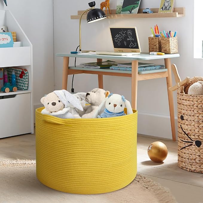 MEGASKET Extra Large Yellow Basket, 22” X 22” X 14” Cotton Rope Yellow Decor for Living Room Bedroom, Woven Basket for Blanket, Laundry, Towel, Shoe, Baby Nursery Toy Organizer, Room Decor Storage Bin