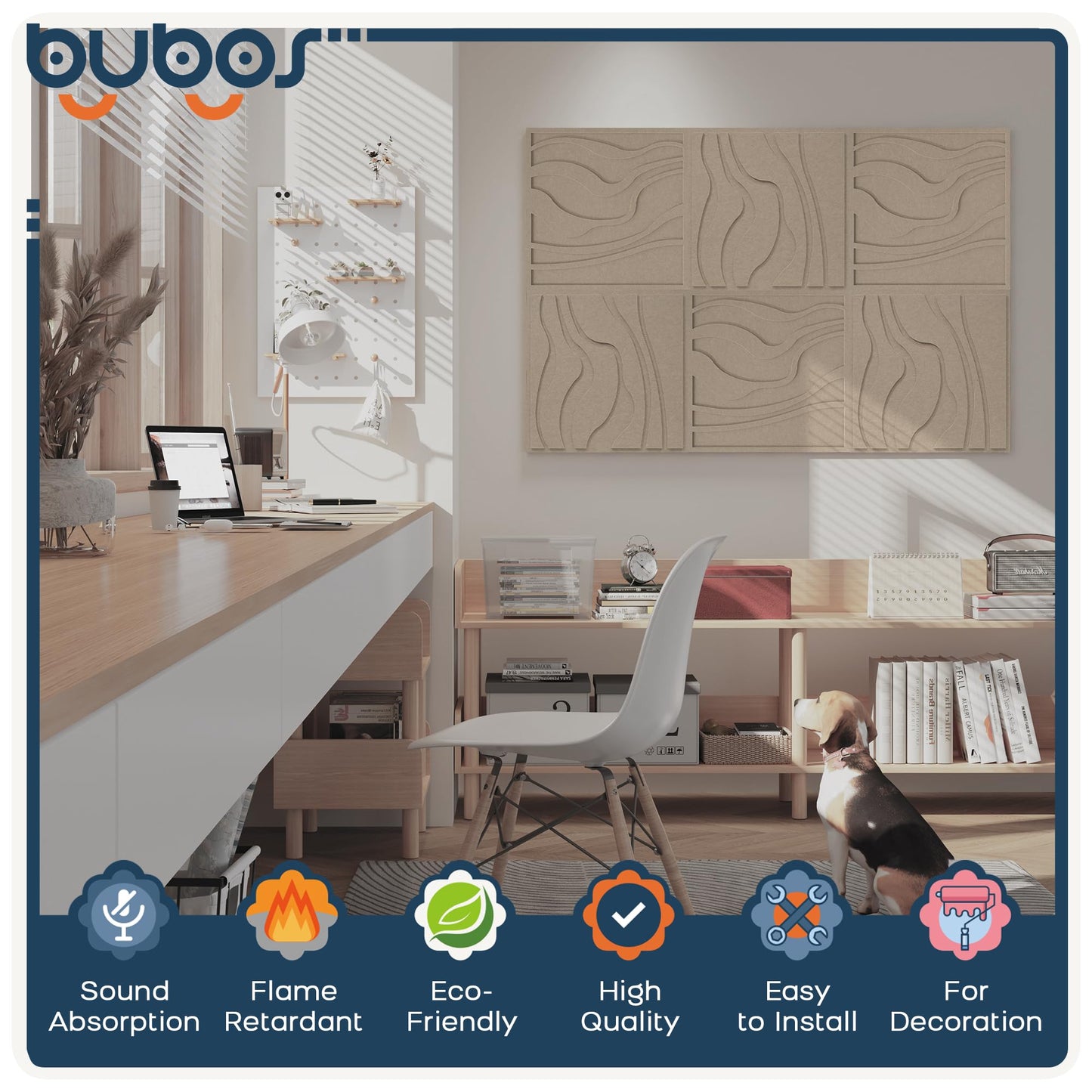 BUBOS Art Acoustic Wall Panels 6 Pack - 23.6"x23.6" Self-adhesive Sound Proof Panels, Decorative Sound Absorbing Panels for OFffice, Home Theater & Studio Recording Equipment, Camel