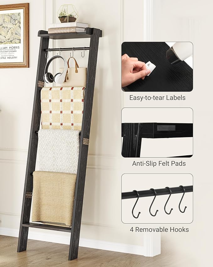 Hzuaneri Blanket Ladder Shelf, Decorative Quilt Rack, 6-Tier Farmhouse Ladder Holder Organizer with 4 Removable Hooks 7.9" D x 17.3" W x 63.4" H, Black BR35804B