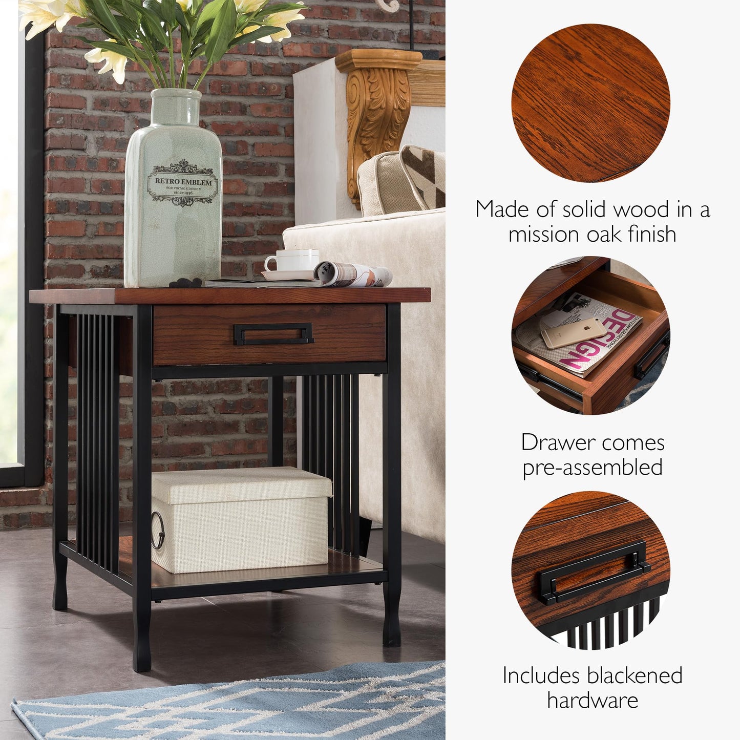 Leick Home Ironcraft End Table, Solid Wood, 1 Storage Drawer, Bottom Display Shelf, Mission Oak, Black Steel Base, Easy Assembly, 22 in W x 24 in H x 24 in D, 11207