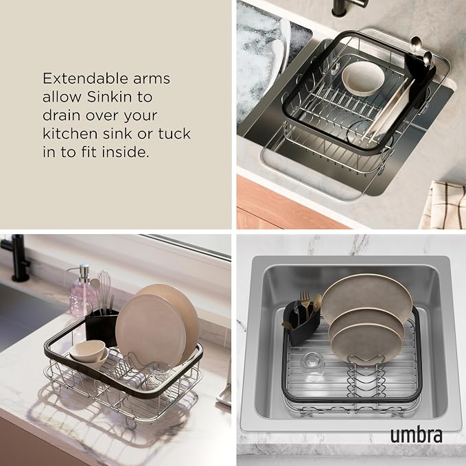 Umbra Sinkin Dish Drying Rack – Drainer with Cup Holders and Removable Cutlery Caddy – Use Over Sink, in Sink, or On Counter, Deluxe, Black/Nickel