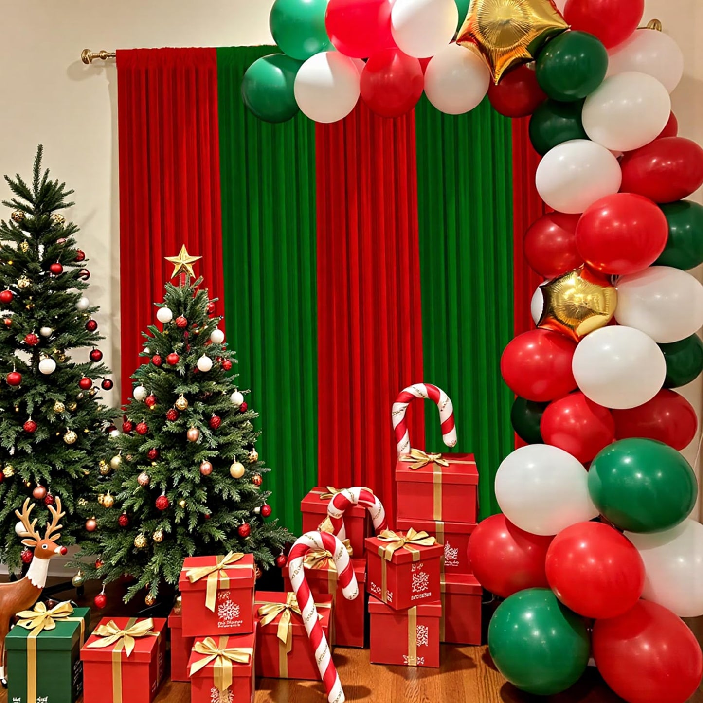 GEWONELIFE Christmas Backdrop Curtain - 10×7ft Red & Green Holiday Party Background Decor for Xmas Tree Photos, Home Festive Wall, Mall Santa Booth, Reusable Winter Celebration Decoration for Families