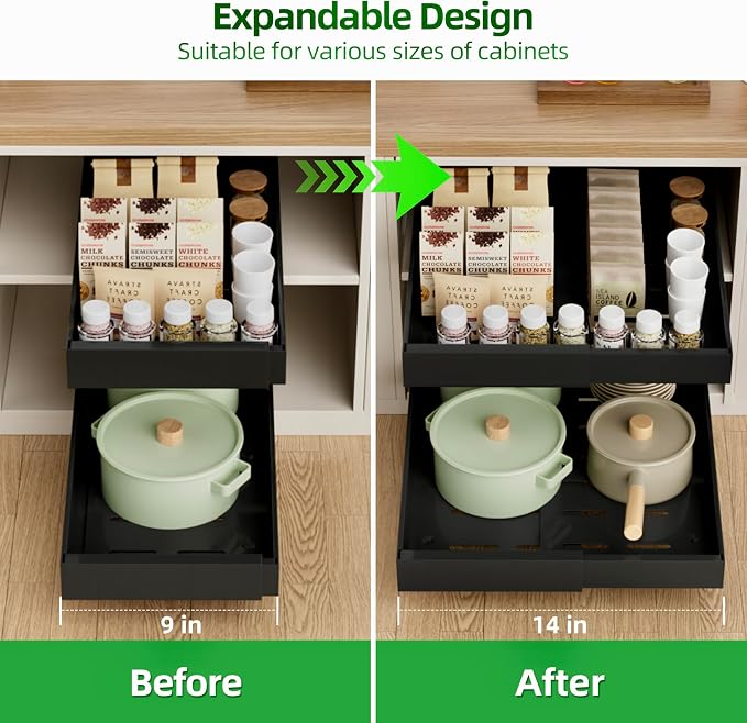 PAKETA 4 Pack Expandable Pull Out Cabinet Organizer, 21'' Deep Pull Out Drawers for Cabinet, Upgrade 3 Slide Rails Sliding Drawers for Cabinets with Adhesive Nano Film (Black, 21"D X 9-14"W)