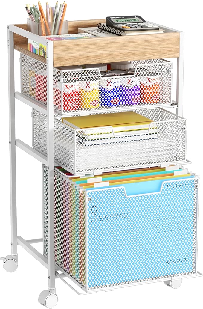 SWTYMIKI Rolling File Cart with Drawers - 4 Tier Under Desk Storage Craft Rolling Organizer Cart - Office Storage &Organization, Mobile Metal Filing Cabinet for Office and Home White
