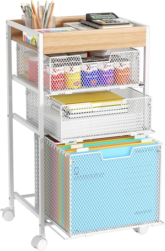 SWTYMIKI Rolling File Cart with Drawers - 4 Tier Under Desk Storage Craft Rolling Organizer Cart - Office Storage &Organization, Mobile Metal Filing Cabinet for Office and Home White