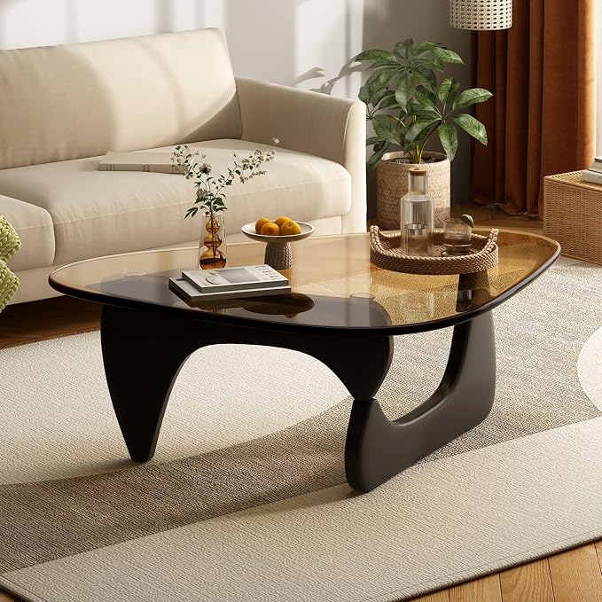 Coffee Table for Living Room Mid Century Modern Center Table with Glass Top and Wood, 36 Inch, Black Brown