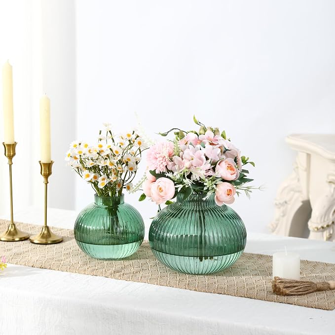 Green Glass Vases for Tulips, Set of 2, Flower Vases for Bouquet, Ribbed Glass Vase for Flowers, Short Vase for Living Room, Office, Coffee Table, Shelf, Wedding