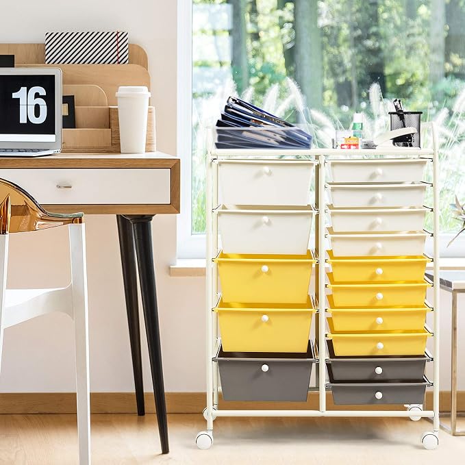 GOFLAME 15-Drawer Rolling Storage Cart, Craft Storage Cart with Removable Drawers & Lockable Wheels, Art Cart Supply Storage Organizer for Home Office Classroom, Yellow