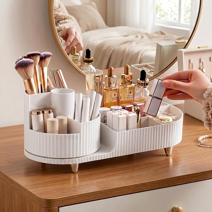 Booklov Rotating Makeup Caddy Organizer for Vanity, Large Capacity Cosmetic Display Case, Countertop Beauty Storage Holder for Skincare, Brush Eyeshadow Lipstick, Counter Desk Organization, White
