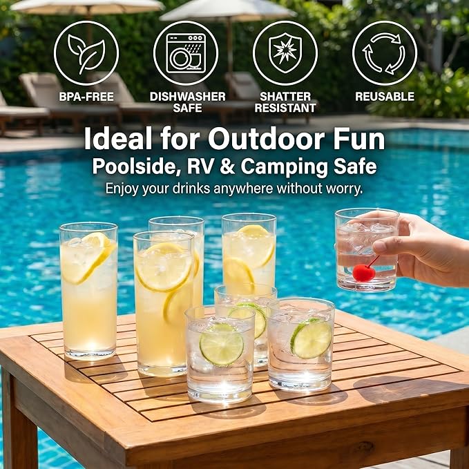 Plastic Drinking Glasses Set of 8, 14oz Rocks & 20oz Water Cups, Unbreakable Plastic Glasses Drinkware, Clear Kitchen Tumblers for Home & Outdoors, Reusable , BPA-Free, Top-Rack Dishwasher Safe