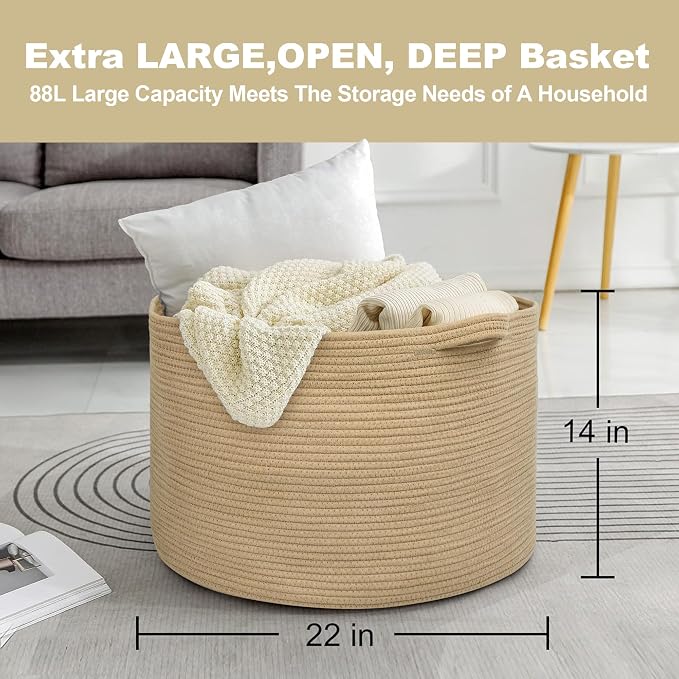 MEGASKET Extra Large Storage Basket, 22" X 22" X 14" Stuffed Animal Basket for Living Room Kids Room, Soft Cotton Rope Bin With Handle, Throw Blanket Storage, Stuffed Animal Toy Organizer Box