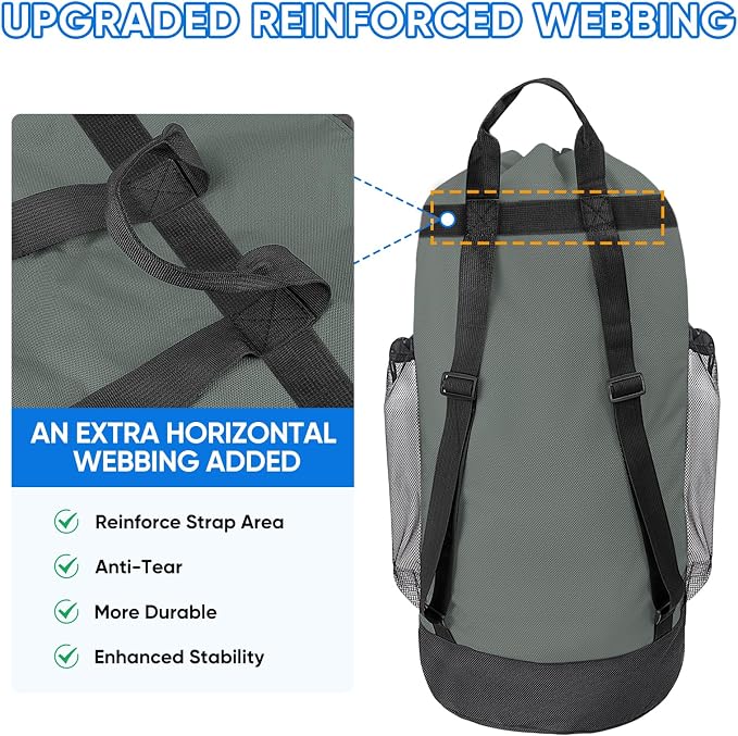BALEINE 150L Laundry Bag Backpack, 900D Oxford Fabric Large Travel Laundry Bags with Shoulder Straps and 2 Mesh Pockets for College Dorm, Apartment, Laundromat (Dark Grey, 150L)