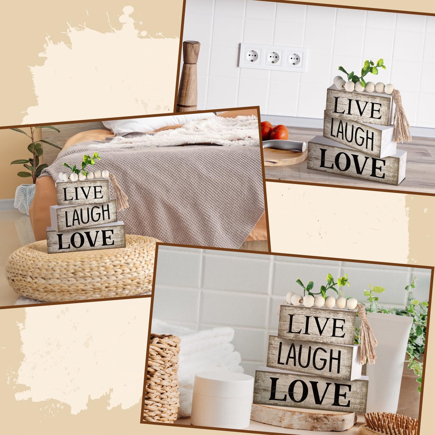 Yuntau 5 Pcs Rustic Farmhouse Tiered Tray Farmhouse Fake Books Decoration Life Laugh Love Wooden Tabletop Decor Love Block Decor Wood Block Sign Gift Centerpiece for Shelf Coffee Mantle Kitchen Table