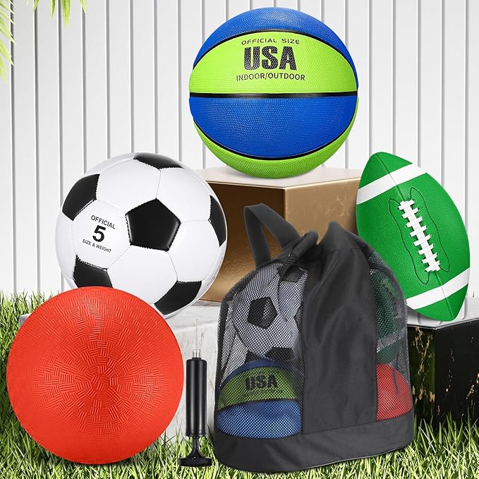 Lenwen 4 Pcs Sports Balls Set, Include Official Size Basketball Soccer Football Playground Ball Pump Equipment Bag for Teen Adult Gift Operation Christmas Ball Gifts