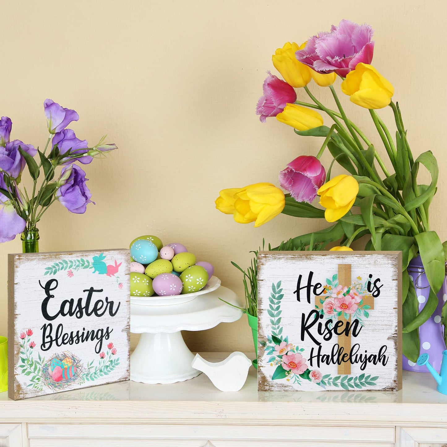 2 Pieces Farmhouse Easter Table Decoration Signs Wood Religious He Is Risen Centerpieces Flower Hallelujah Rustic Christian Jesus Block Signs Easter Decorations for Home Mantel Shelf Office Desk Decor