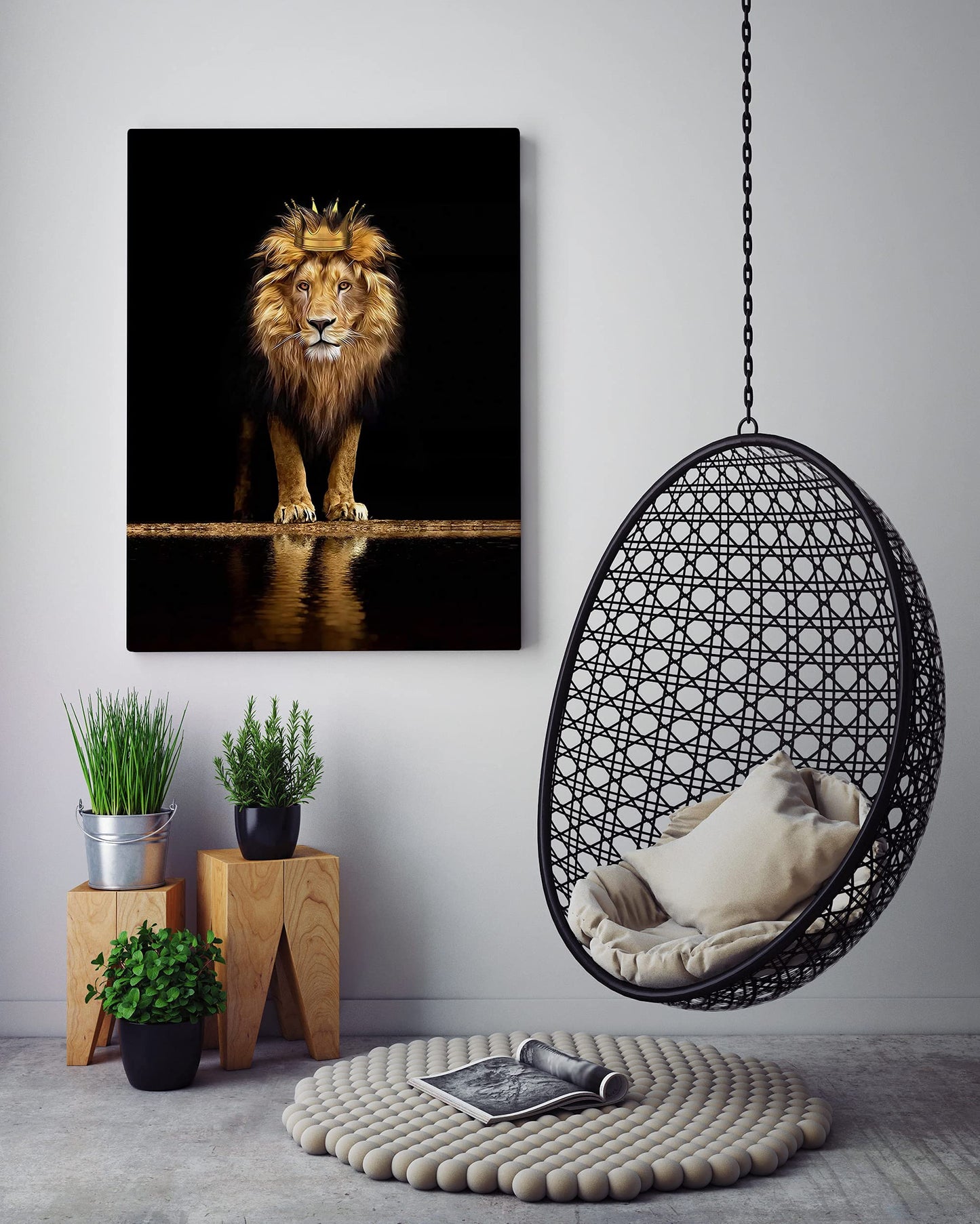 Tribute to art Lion Canvas Print Wall Art,A with a crown noble and confident,Black Golden Animal for Living Room Office Decor Home Decoration Framed Ready Hang,bedroom men (Lion king, 16inchx12inch)