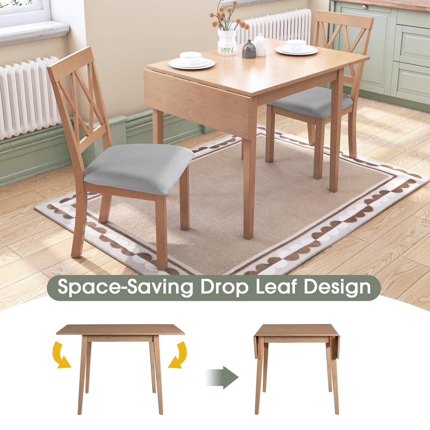 Merax Wooden 29"- 45" Folding Kitchen Table with Drop Leaf for Living Room, Kitchen, Dining Room, Small Space, Natural