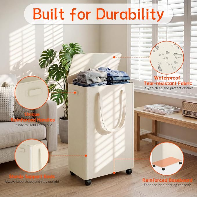 Slim Laundry Hamper with Wheels,15 Gal (55L) Rolling Laundry Basket with lid and wheels Clothes Hamper Foldable Tall Dirty Clothes Basket Sturdy Collapsible Clothes Hamper for Dorm,Laundry Room
