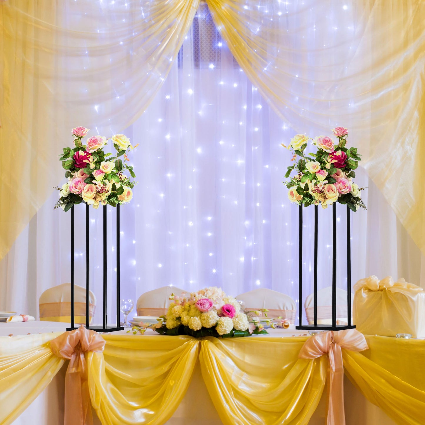 simprefine 2 Pcs 24 Inches Matte Black Wedding Flower Stand Metal Iron Display Rack Floor Vase Column Centerpiece for Event Party Anniversay Ceremony Decoration