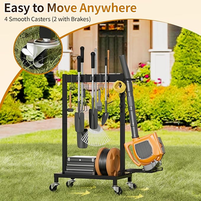 Broom Holder with Cleaning Supplies Organizer Load 160 LBS Cleaning Cart with Wheels Broom Closet Storage with 6 Mop Hanger Grippers, 3 Double-Hooks, Vacuum Stand for Laundry Garage Organization
