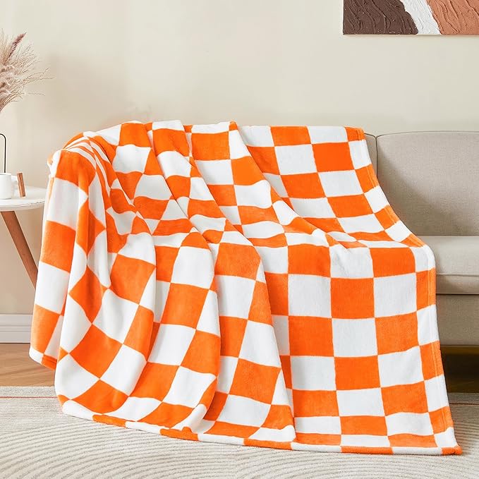 BEDELITE Checkered Twin Blanket for Couch Bed, Soft & Cozy Fleece Flannel Blanket with Checkerboard Grid Home Decor, Checkered Orange Tennessee Blanket, 60x80 Inches