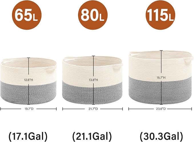 Foldable Laundry Hamper Basket with Collapsible Handle Cotton Rope Soft Woven Fabric Storage Organizer Clothes Toys Nursery Bedroom Dorm Space Saving Bin (White & Light Grey, 80L(21.7"D x 13.8"H))