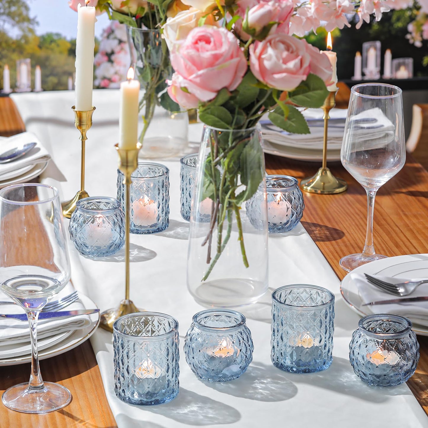 DARJEN Blue Votive Candle Holder Set of 20, Upgraded Size Tea Light Candle Holder Glass for Wedding Table Centerpieces, Elegant Bulk Votive Holders for Party, Proposals and Wedding Shower